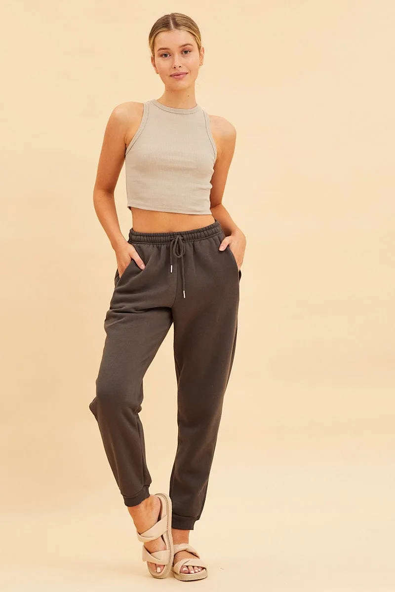 Beige Cropped Tank Cotton Blend Rib High Neck Racer Back sold by Ally Fashion product image thumbnail 2