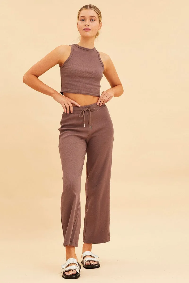 Brown Cropped Tank Cotton Blend Rib High Neck Racer Back sold by Ally Fashion product image thumbnail 2