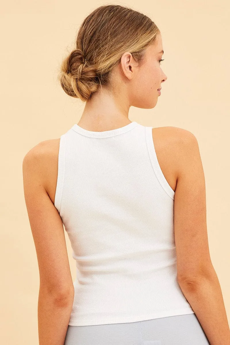 White Racer Tank Cotton Blend Rib High Neck Racer Back sold by Ally Fashion product image thumbnail 5