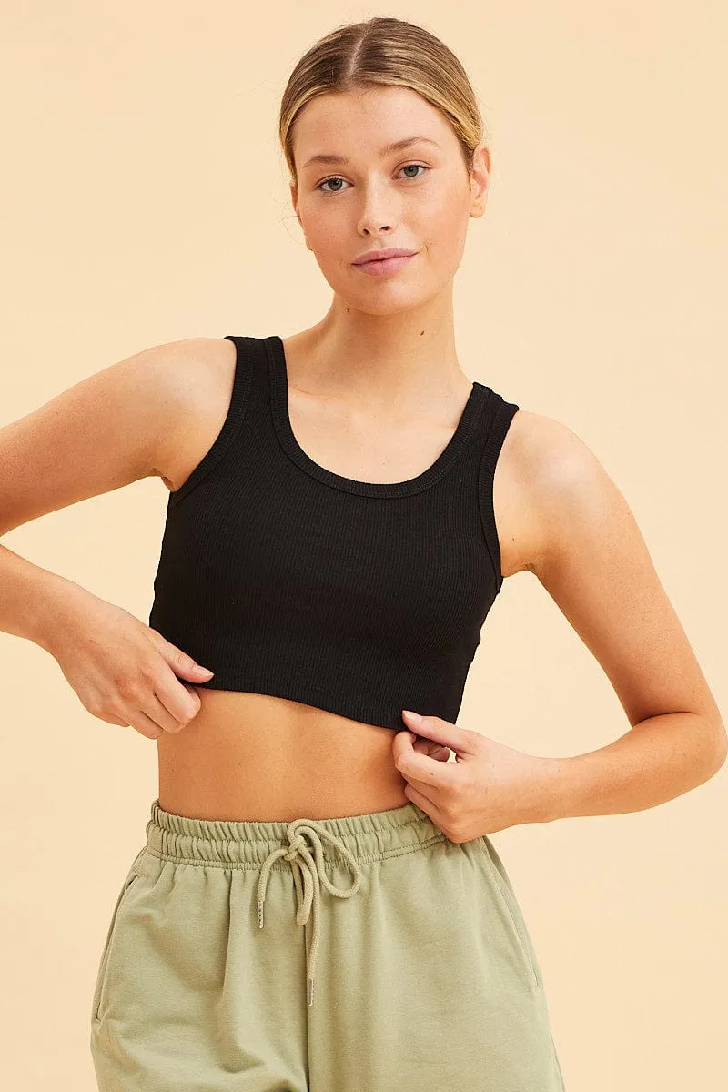 Black Cropped Tank Cotton Blend Rib Racer Back sold by Ally Fashion