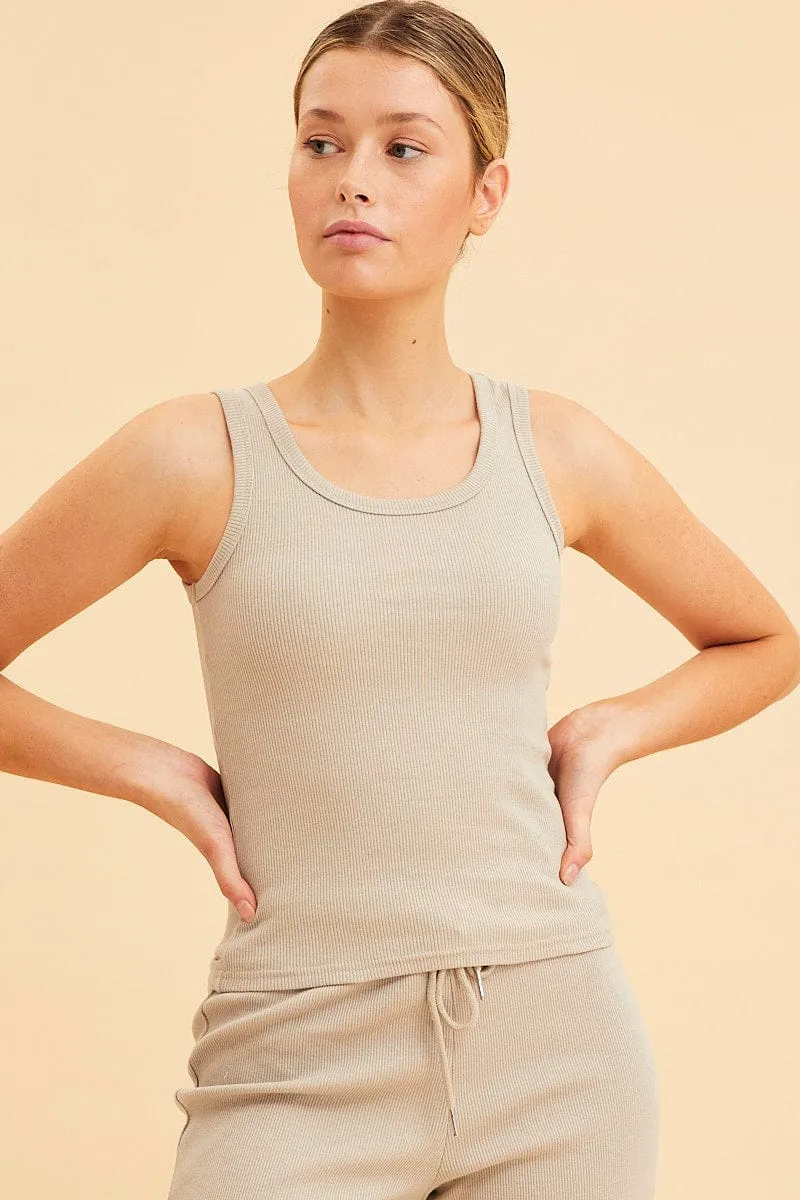 Beige Cotton Tank Scoop Neck Cotton Blend Rib Sleeveless sold by Ally Fashion product image thumbnail 3