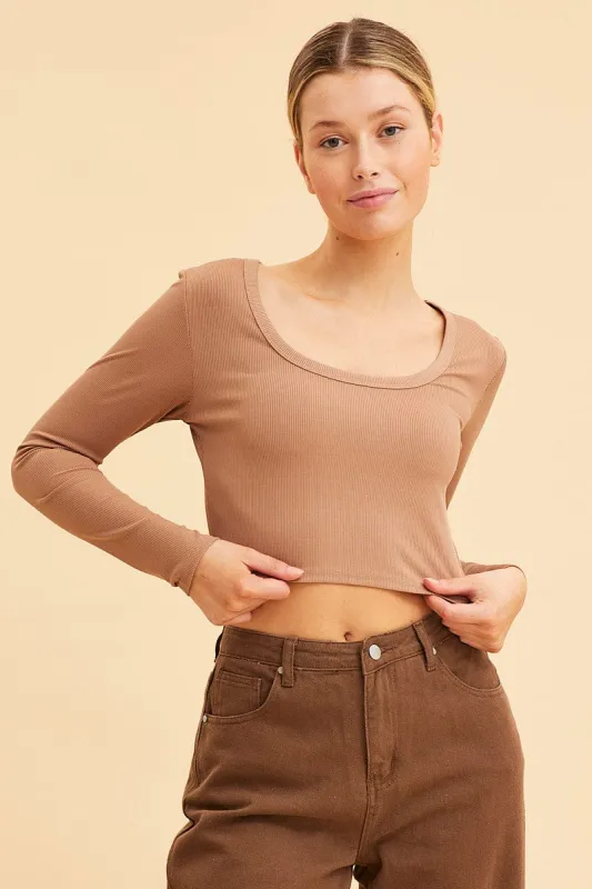 Brown Crop Top Scoop Neck Long Sleeve Rib sold by Ally Fashion