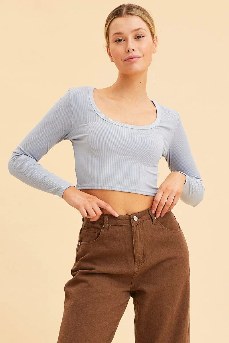 Blue Crop Top Scoop Neck Long Sleeve Rib sold by Ally Fashion