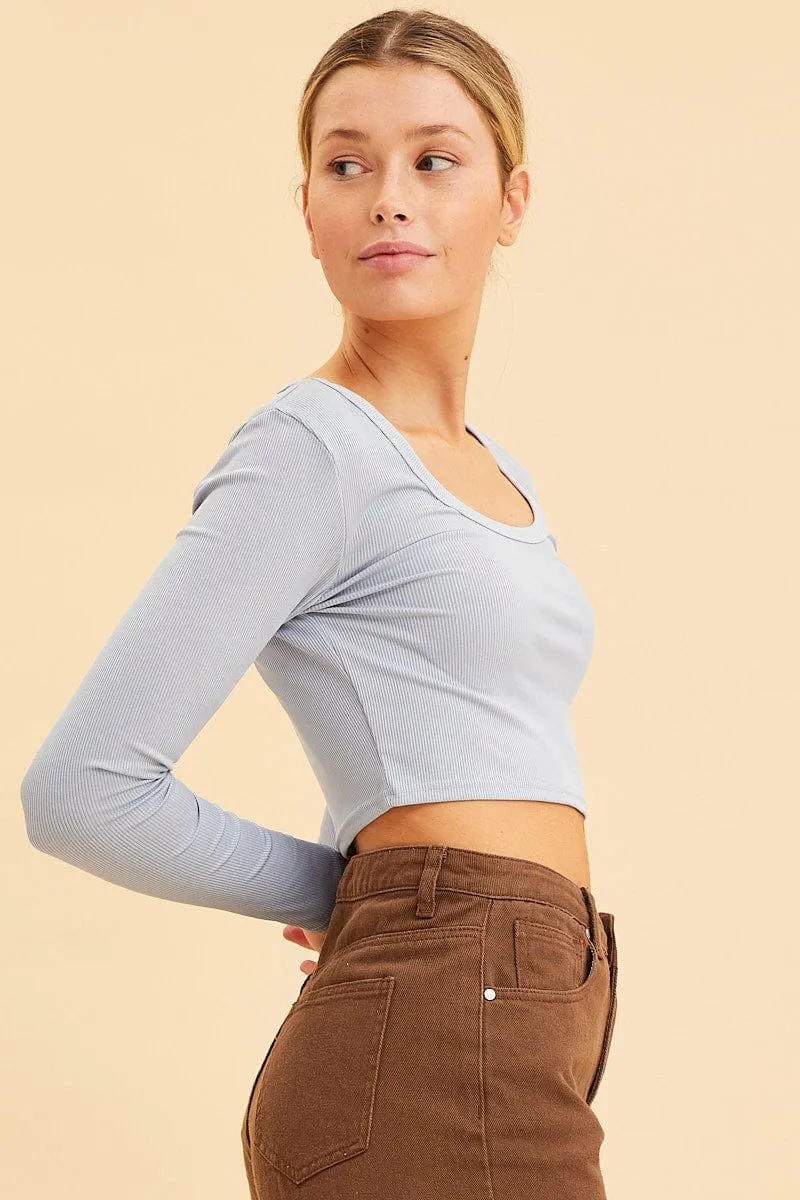 Blue Crop Top Scoop Neck Long Sleeve Rib sold by Ally Fashion product image thumbnail 4