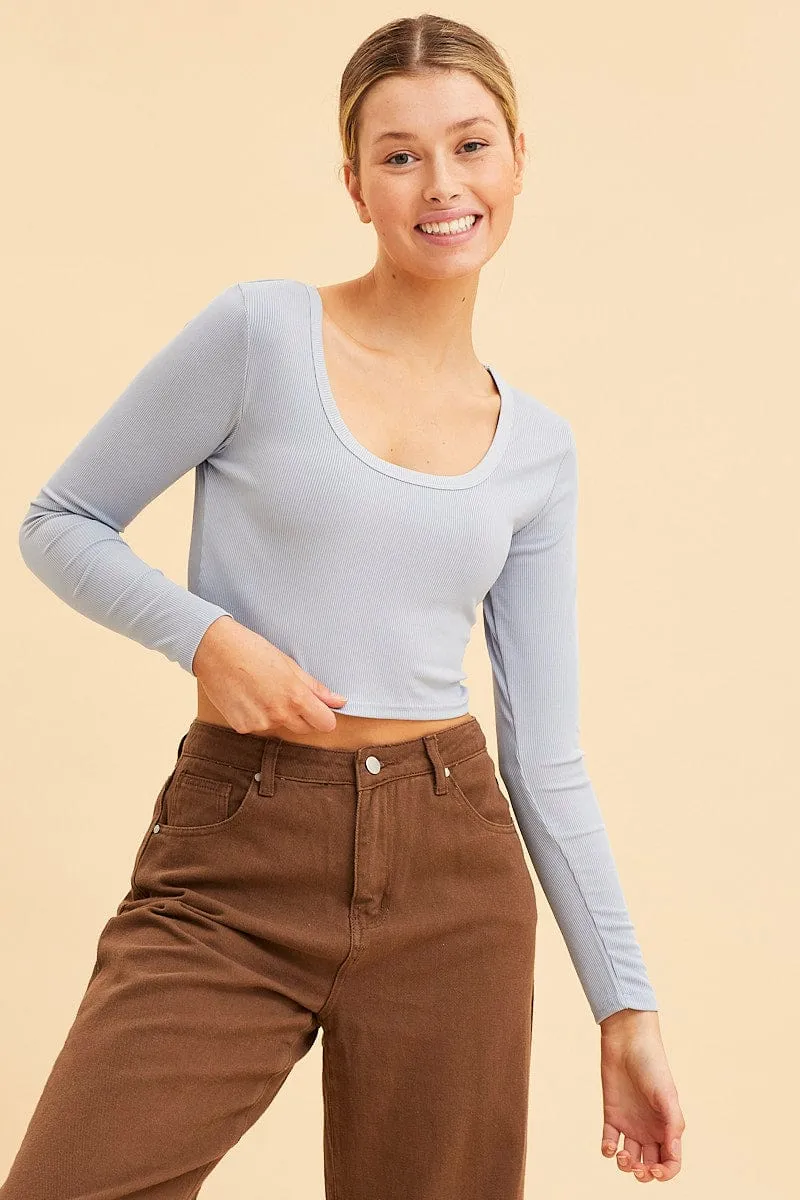 Blue Crop Top Scoop Neck Long Sleeve Rib sold by Ally Fashion product image thumbnail 3
