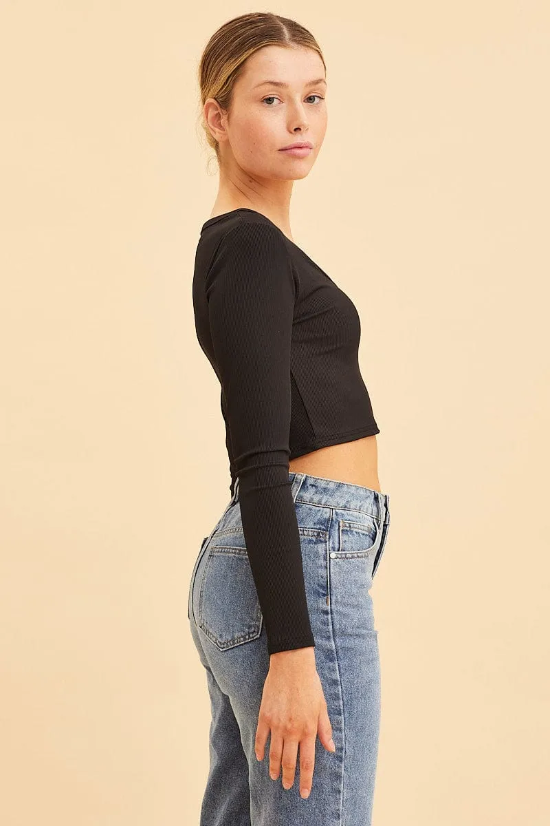 Black Crop Top Scoop Neck Long Sleeve Rib sold by Ally Fashion product image thumbnail 4
