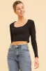 Black Crop Top Scoop Neck Long Sleeve Rib sold by Ally Fashion