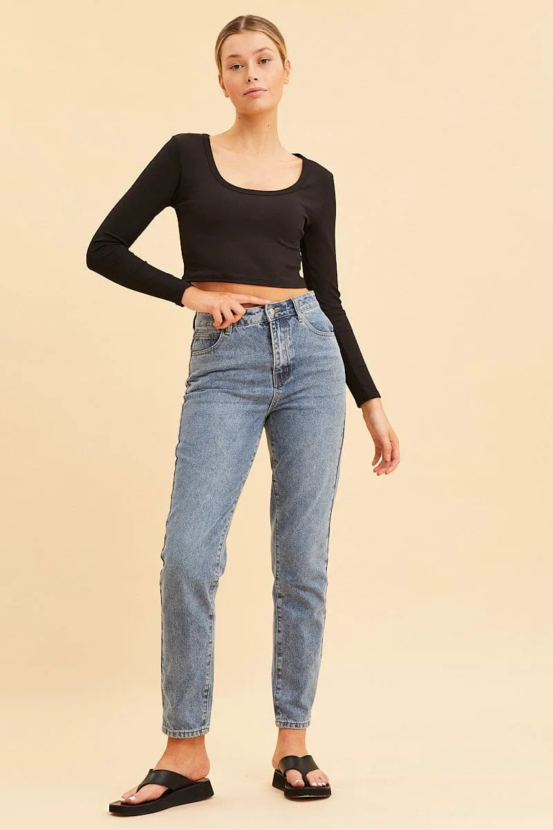 Black Crop Top Scoop Neck Long Sleeve Rib sold by Ally Fashion product image thumbnail 2