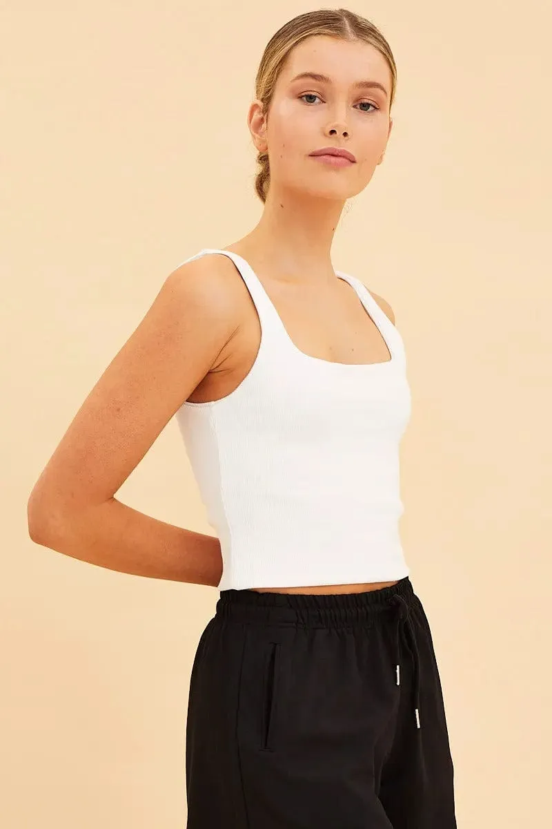 White Crop Tank Square Neck Cotton Blend Rib sold by Ally Fashion product image thumbnail 3