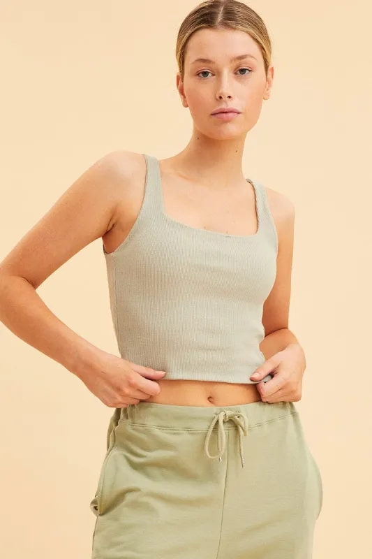 Green Crop Tank Square Neck Cotton Blend Rib sold by Ally Fashion