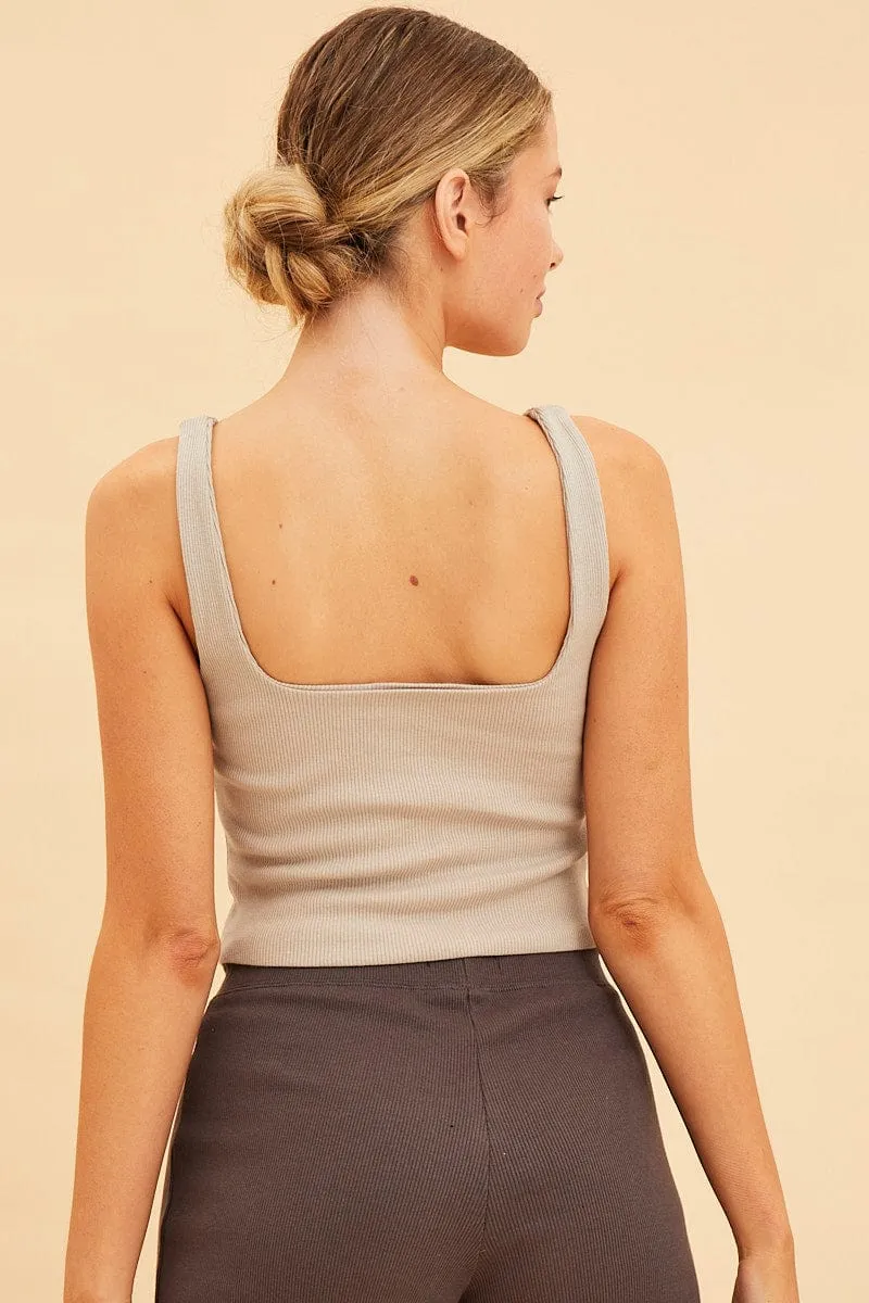 Beige Crop Tank Square Neck Cotton Blend Rib sold by Ally Fashion product image thumbnail 5