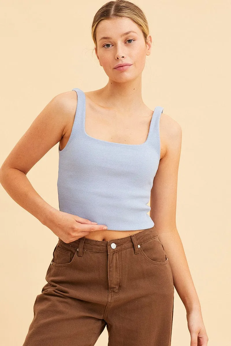 Blue Crop Tank Square Neck Cotton Blend Rib sold by Ally Fashion product image thumbnail 3