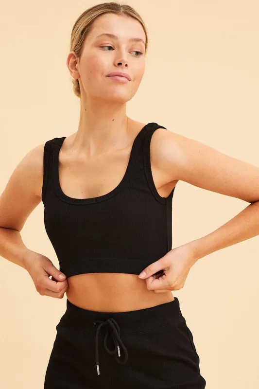 Black Crop Top Cotton Blend Rib Tank Elasticated Hem sold by Ally Fashion