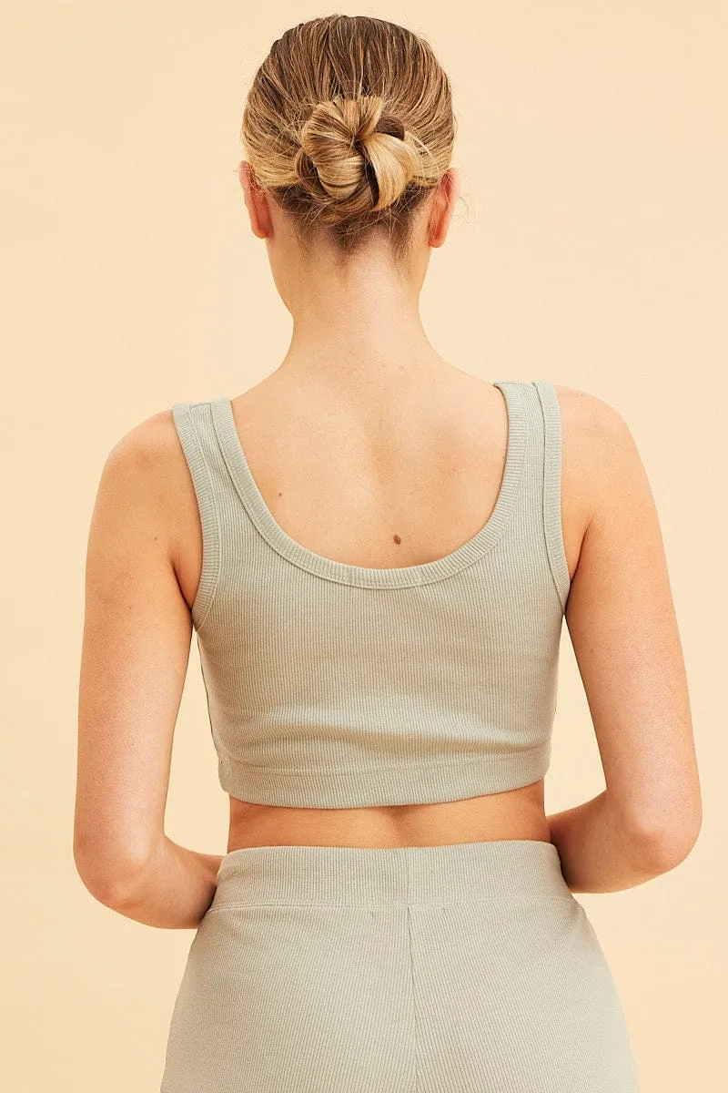 Green Crop Top Cotton Blend Rib Tank Elasticated Hem sold by Ally Fashion product image thumbnail 5