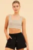 Beige Crop Top Cotton Blend Rib Tank Elasticated Hem sold by Ally Fashion