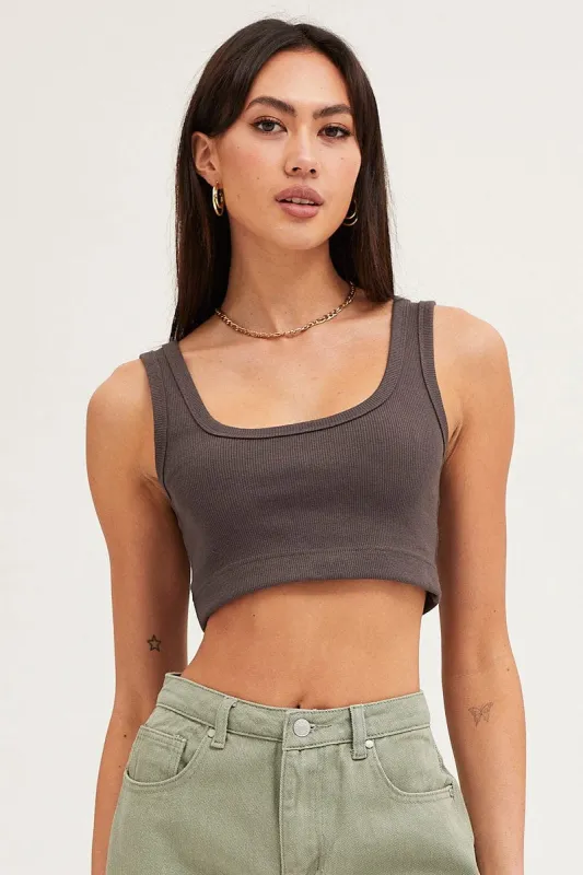 Grey Crop Top Cotton Blend Rib Tank Elasticated Hem sold by Ally Fashion