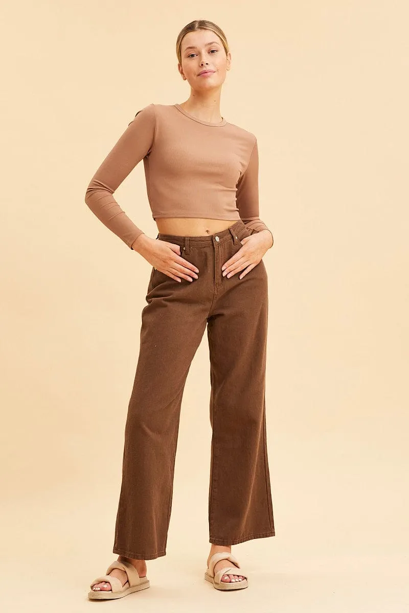 Brown Crop Top Long Sleeve Crew Neck Rib sold by Ally Fashion product image thumbnail 2