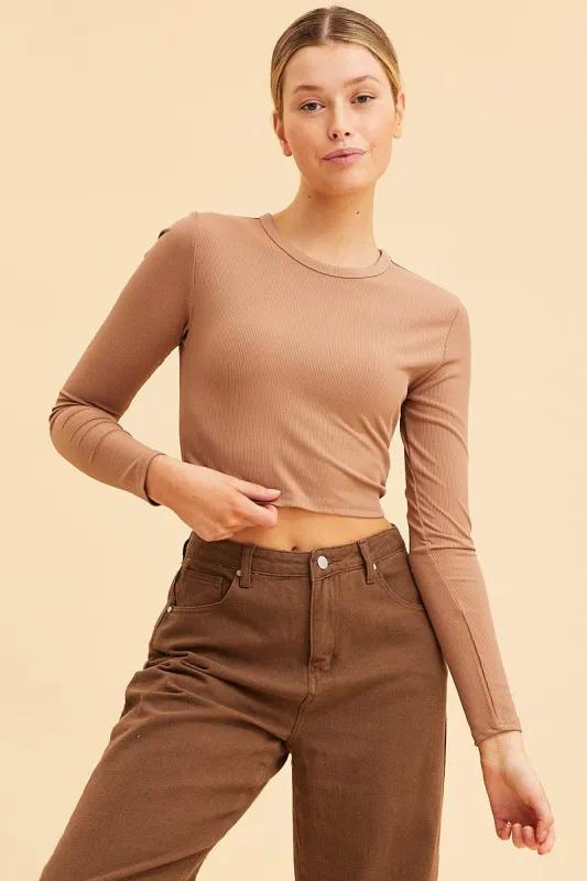 Brown Crop Top Long Sleeve Crew Neck Rib sold by Ally Fashion