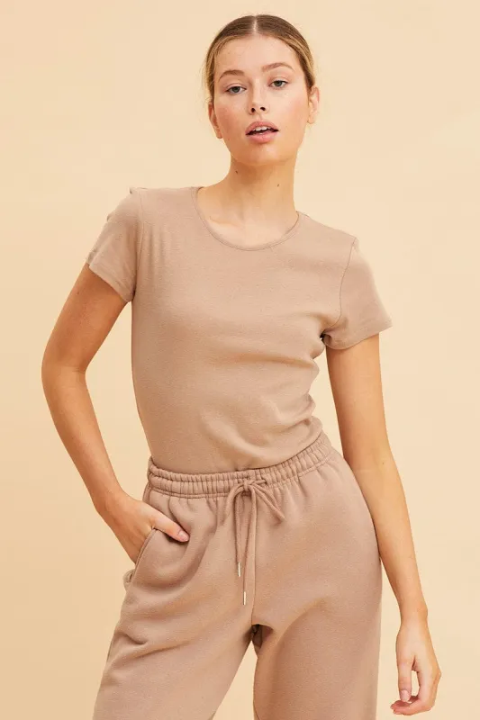 Beige Rib T-Shirt Crew Neck Short Sleeve sold by Ally Fashion