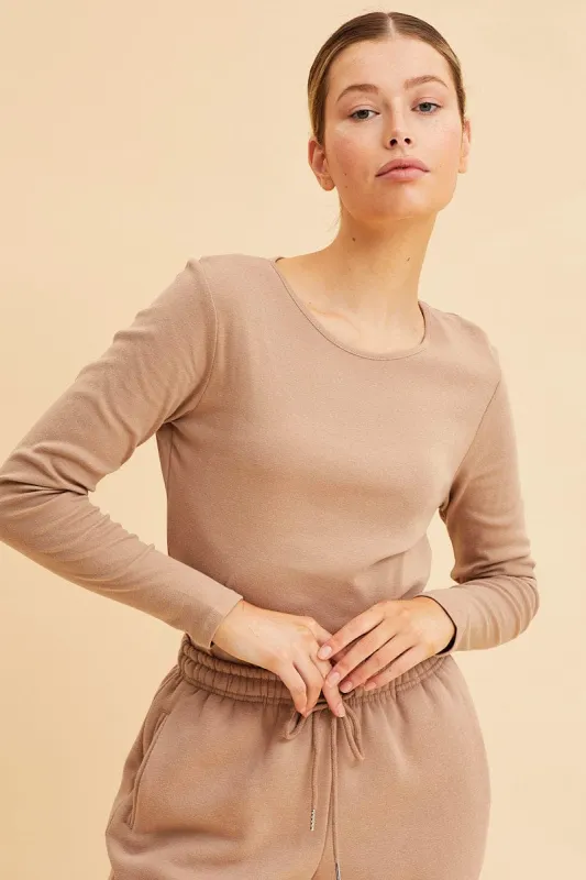 Beige Rib T-Shirt Crew Neck Long Sleeve sold by Ally Fashion