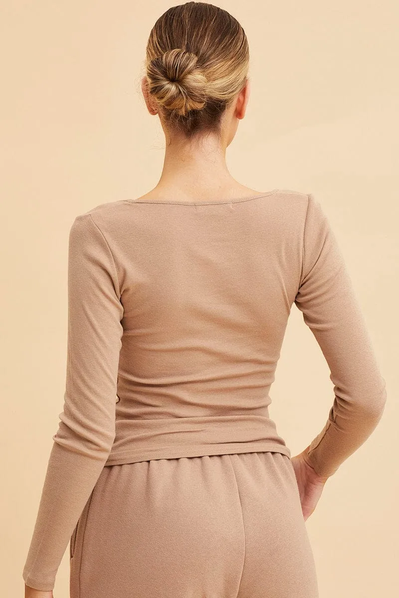 Beige Rib T-Shirt Scoop Neck Long Sleeve sold by Ally Fashion product image thumbnail 5