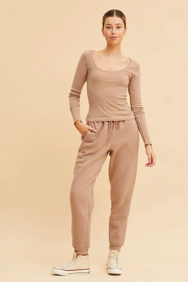 Beige Rib T-Shirt Scoop Neck Long Sleeve sold by Ally Fashion product image thumbnail 2