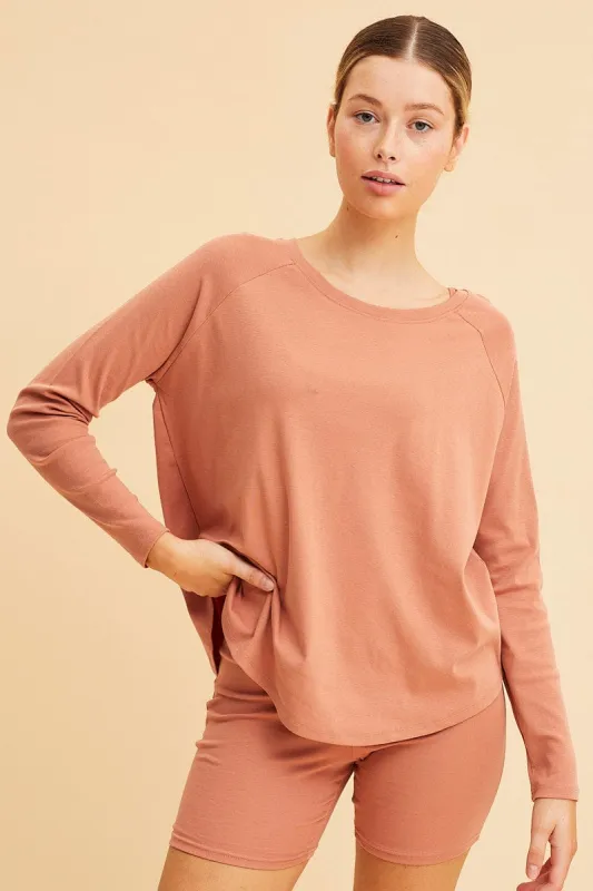 Orange Cotton Top Long Sleeve Relaxed Fit Curved Hem sold by Ally Fashion