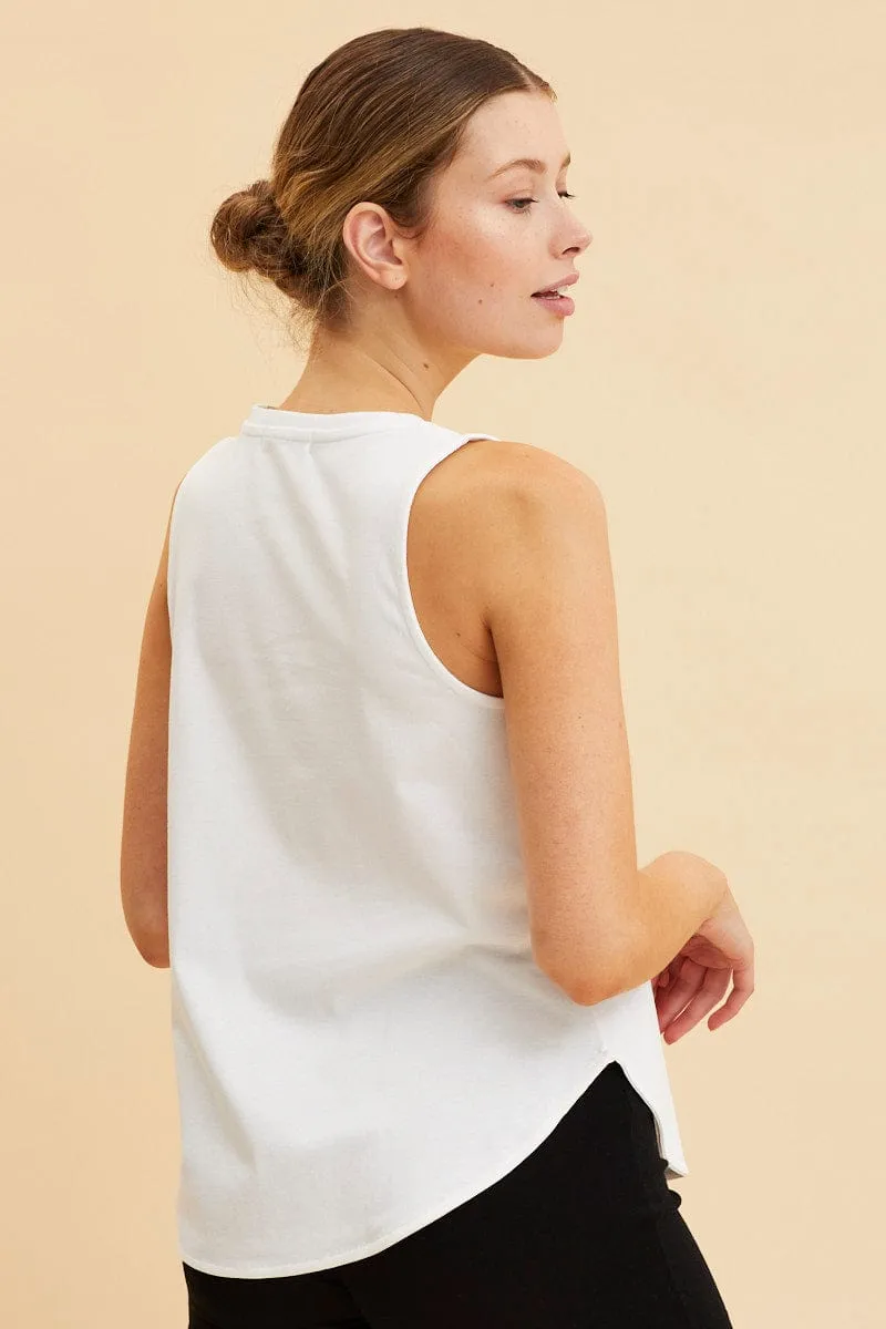 White Sleeveless Tank Cotton Crew Neck Curved Hem sold by Ally Fashion product image thumbnail 5