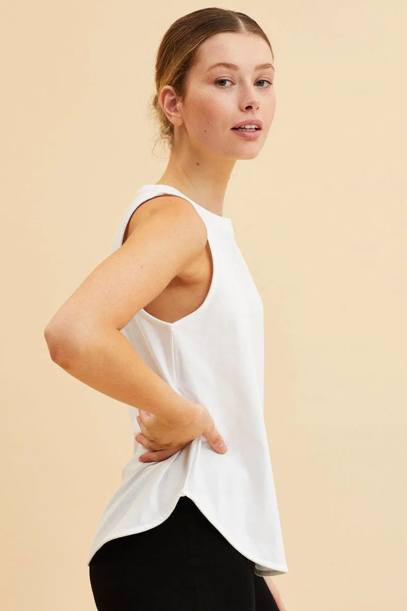 White Sleeveless Tank Cotton Crew Neck Curved Hem sold by Ally Fashion product image thumbnail 4