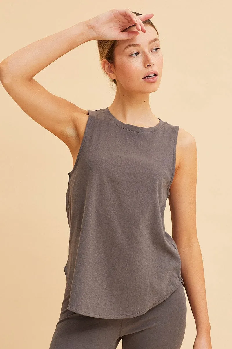 Grey Sleeveless Tank Cotton Crew Neck Curved Hem sold by Ally Fashion product image thumbnail 2