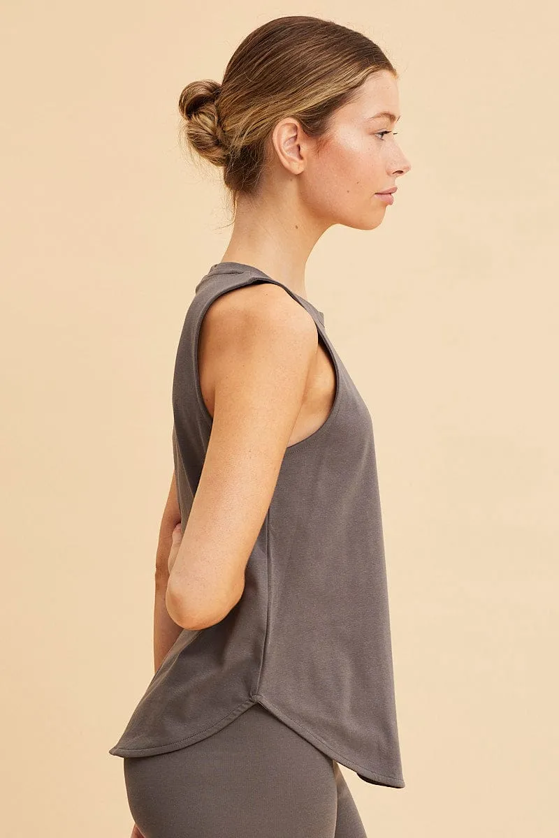 Grey Sleeveless Tank Cotton Crew Neck Curved Hem sold by Ally Fashion product image thumbnail 4