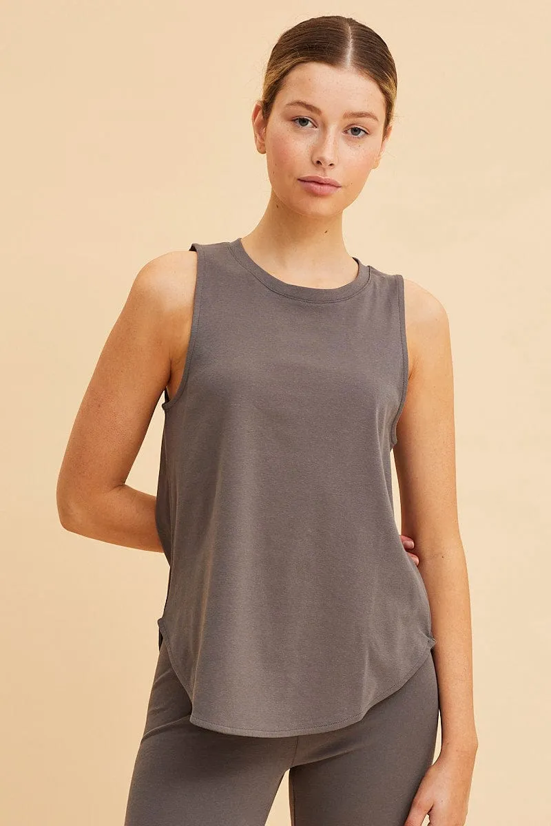 Grey Sleeveless Tank Cotton Crew Neck Curved Hem sold by Ally Fashion