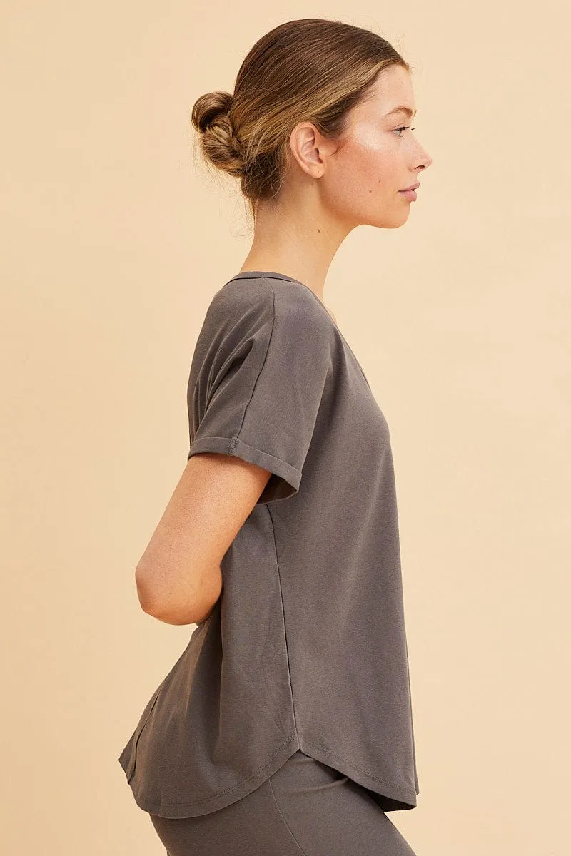 Grey Pocket Tee Scoop Neck Cotton Stretch Short Sleeve sold by Ally Fashion product image thumbnail 4