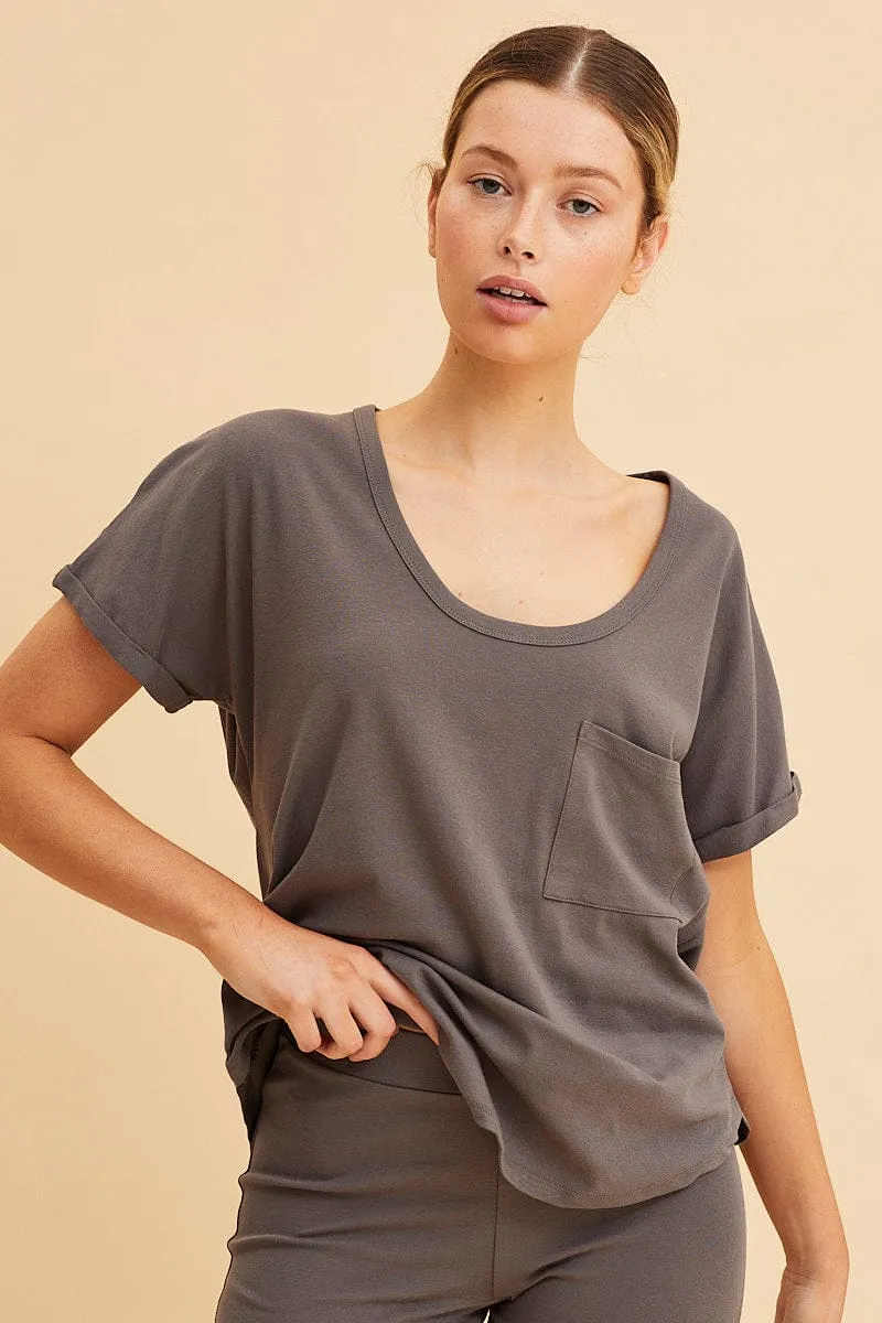 Grey Pocket Tee Scoop Neck Cotton Stretch Short Sleeve sold by Ally Fashion product image thumbnail 3