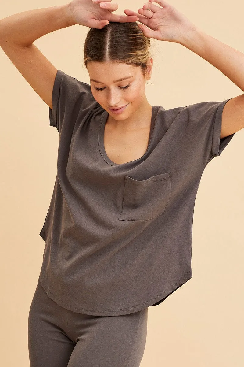 Grey Pocket Tee Scoop Neck Cotton Stretch Short Sleeve sold by Ally Fashion