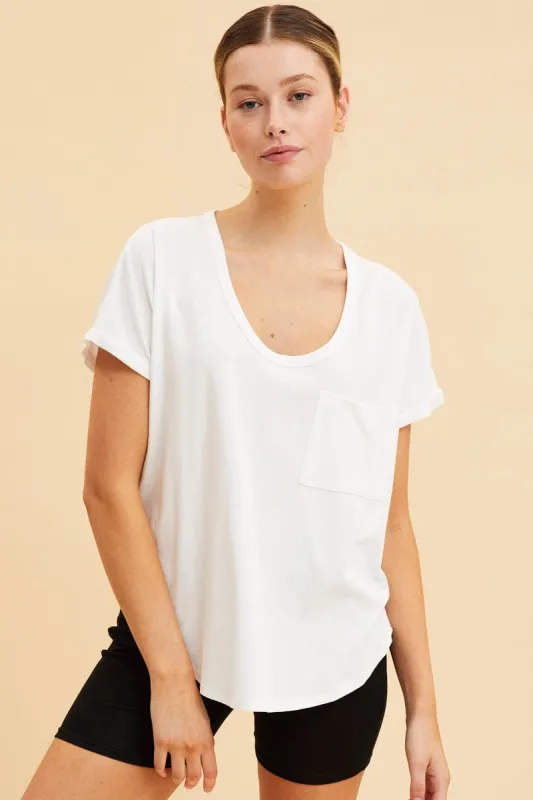 White Pocket Tee Scoop Neck Cotton Stretch Short Sleeve sold by Ally Fashion
