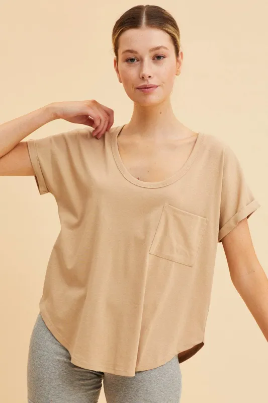 Beige Pocket Tee Scoop Neck Cotton Stretch Short Sleeve sold by Ally Fashion
