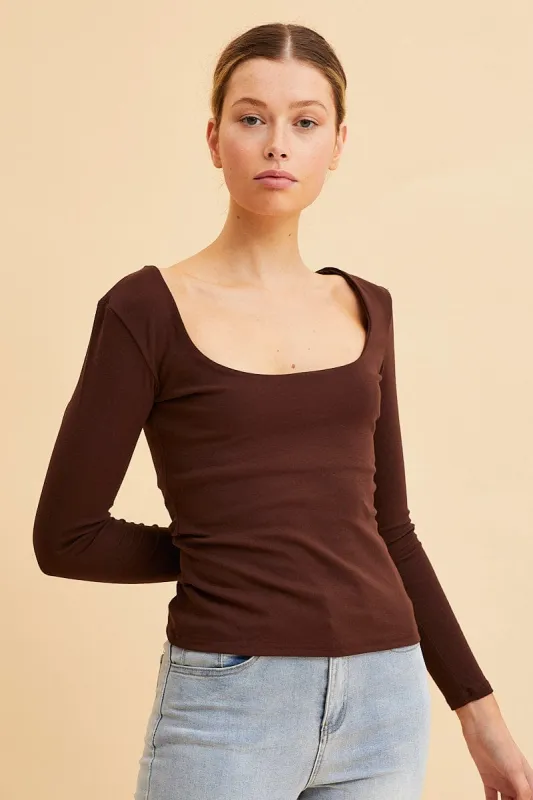 Brown Cotton Top Long Sleeve Scoop Neck sold by Ally Fashion
