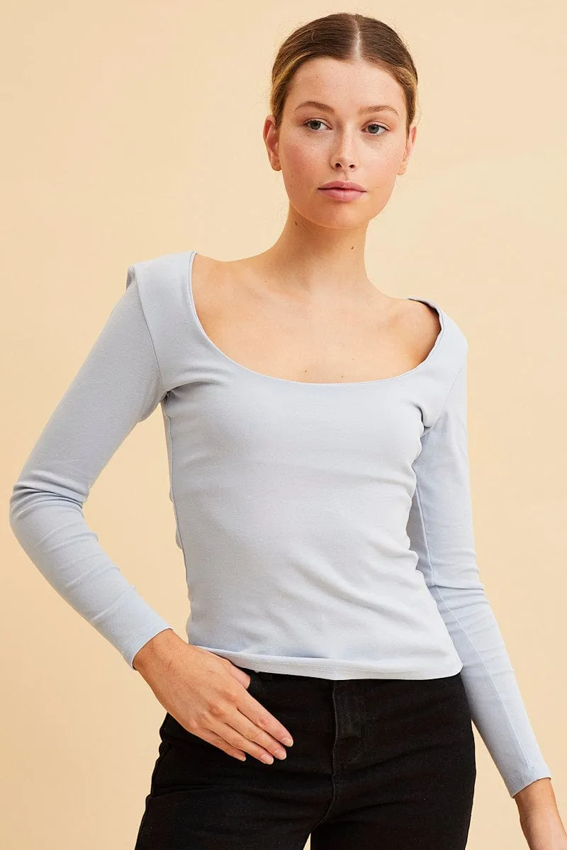 Blue Cotton Top Long Sleeve Scoop Neck sold by Ally Fashion