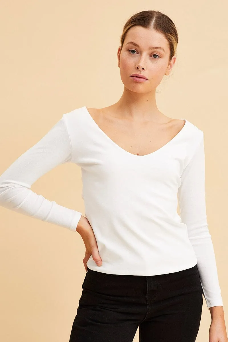 White V Neck Top Long Sleeve Cotton Stretch sold by Ally Fashion