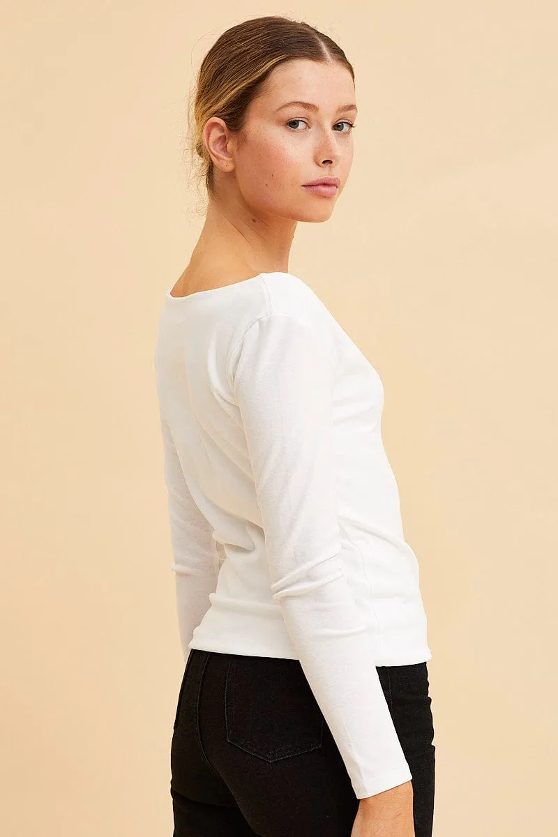 White V Neck Top Long Sleeve Cotton Stretch sold by Ally Fashion product image thumbnail 3