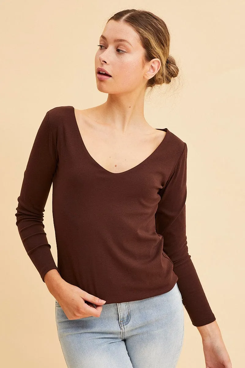 Brown V Neck Top Long Sleeve Cotton Stretch sold by Ally Fashion product image thumbnail 3