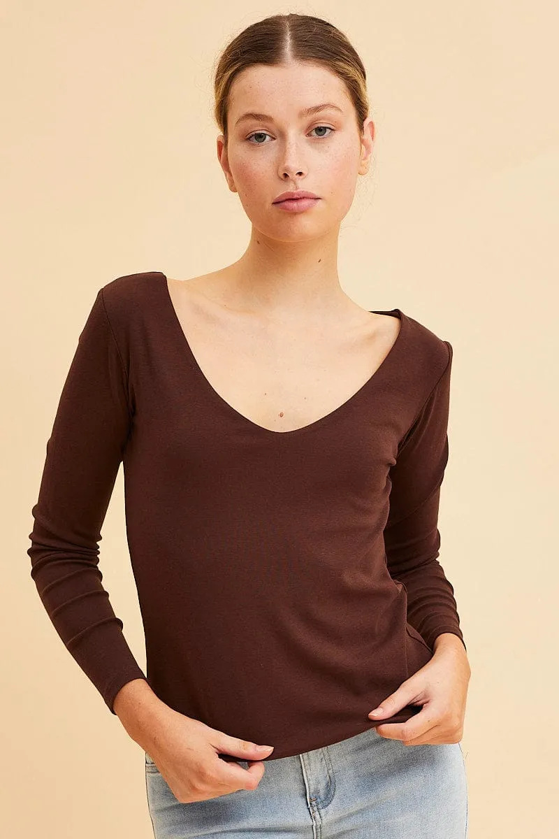 Brown V Neck Top Long Sleeve Cotton Stretch sold by Ally Fashion
