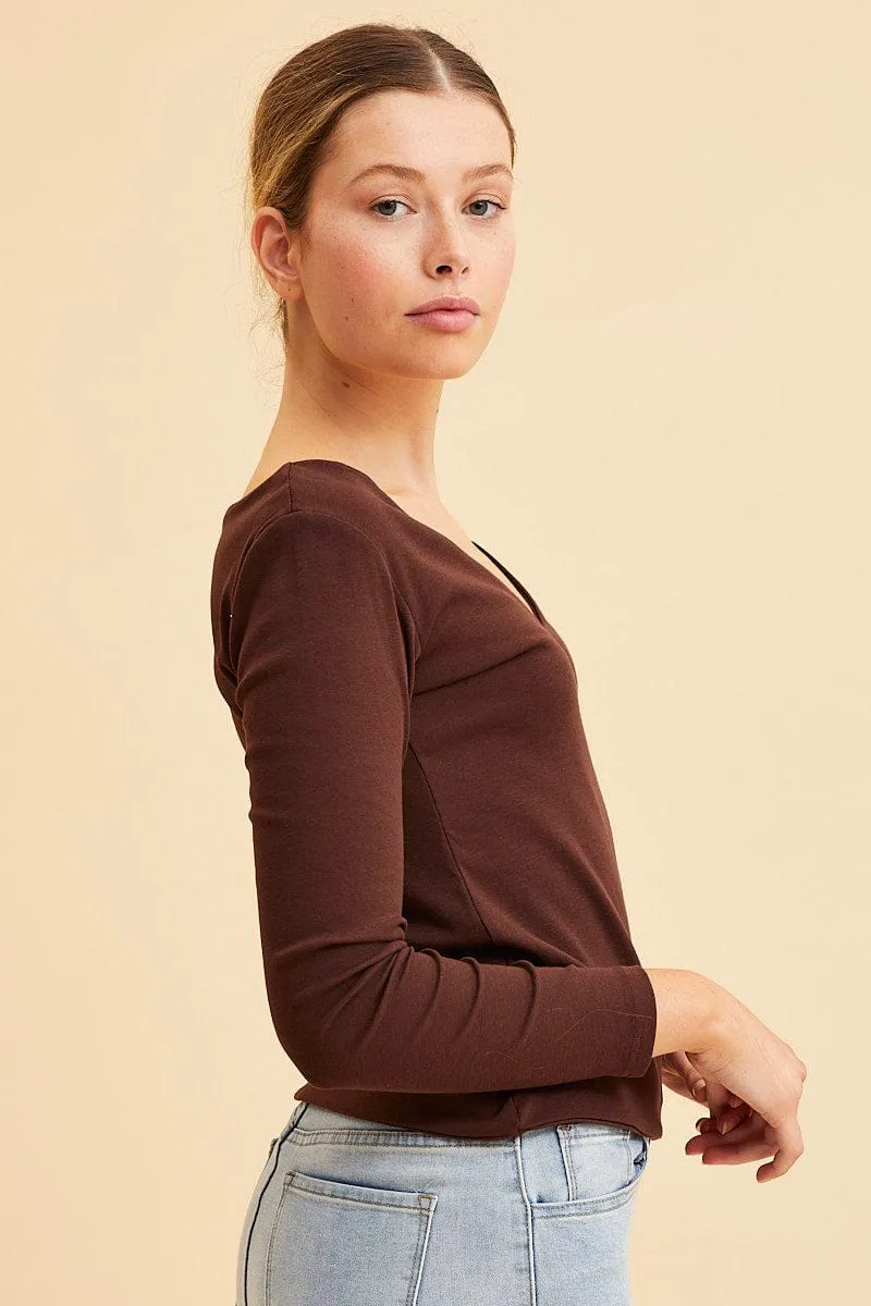 Brown V Neck Top Long Sleeve Cotton Stretch sold by Ally Fashion product image thumbnail 4