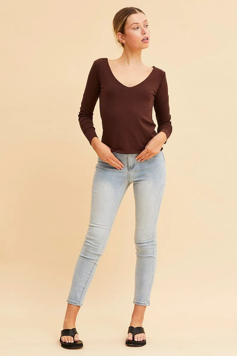 Brown V Neck Top Long Sleeve Cotton Stretch sold by Ally Fashion product image thumbnail 2