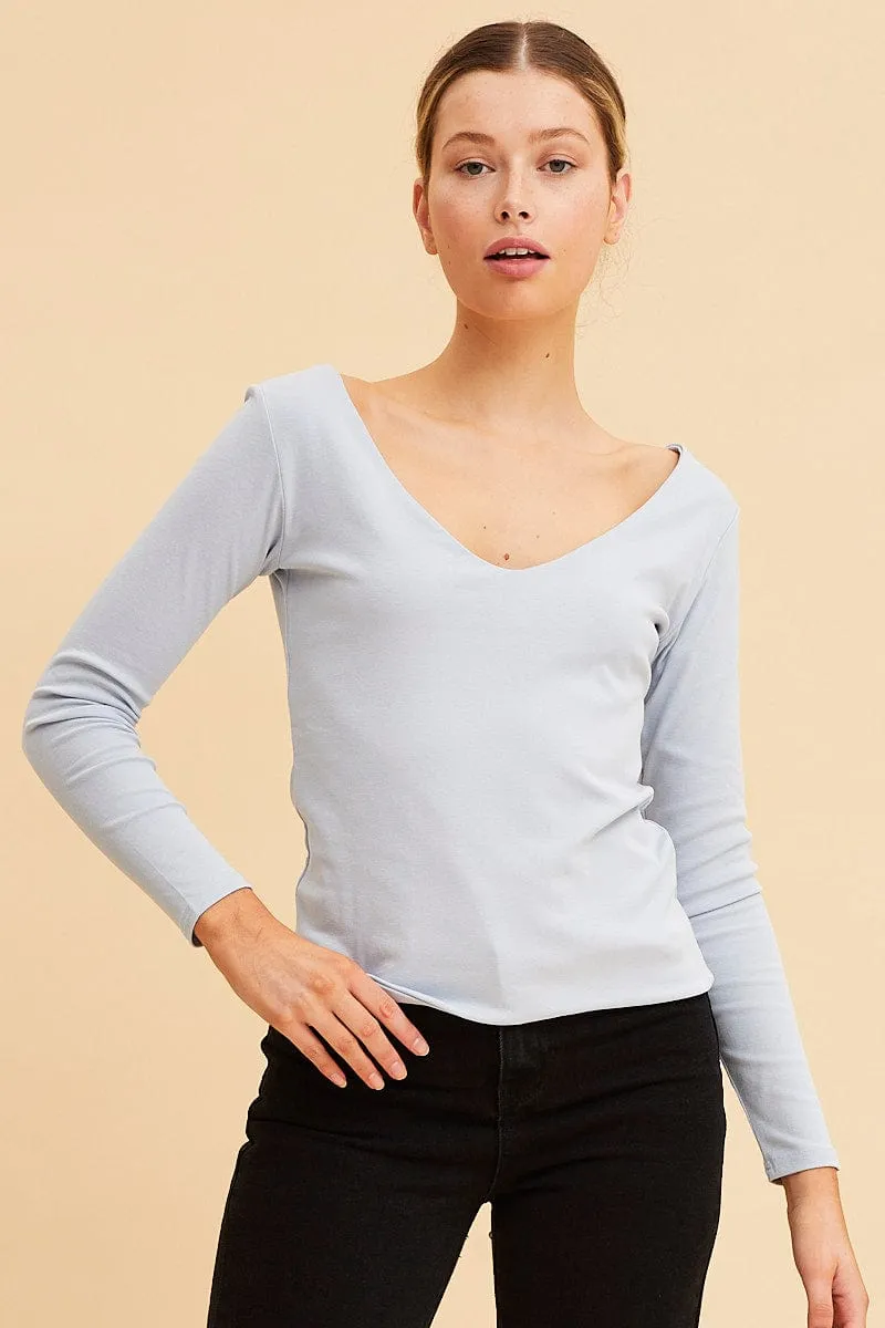 Blue V Neck Top Long Sleeve Cotton Stretch sold by Ally Fashion product image thumbnail 3