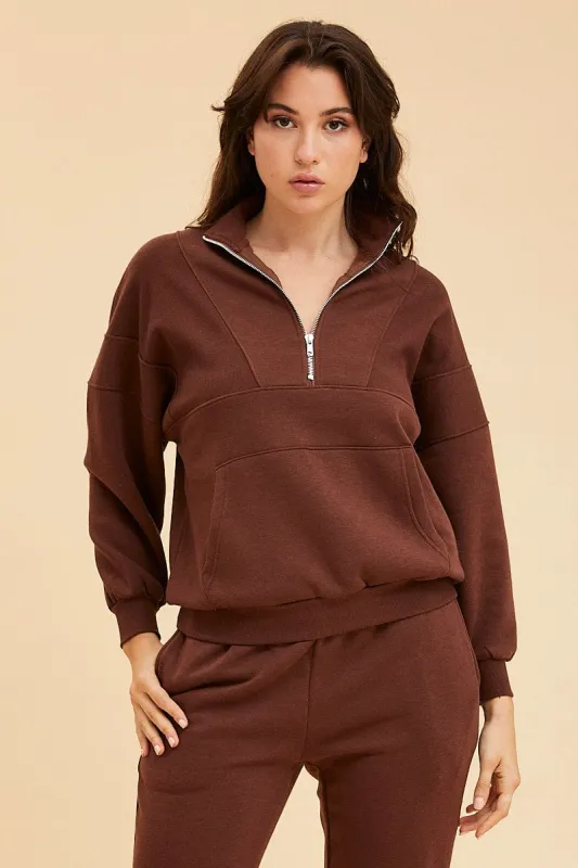 Brown 1/4 Zip Sweat Top Long Sleeve Front Pocket sold by Ally Fashion