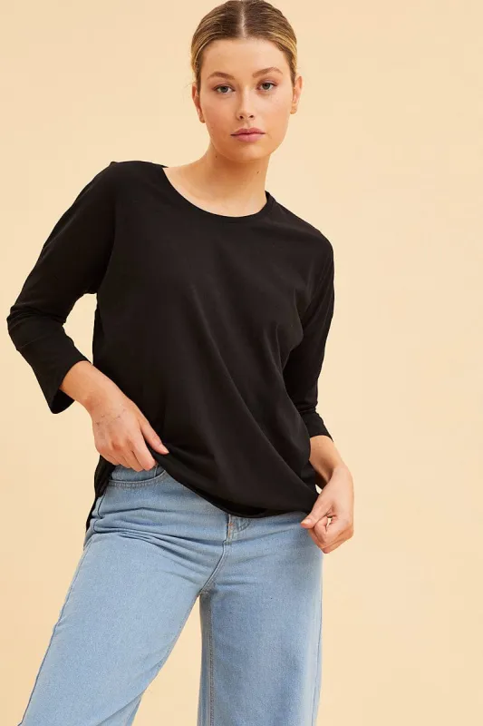 Black Cotton Top 3/4 Sleeve Drop Shoulder Relaxed Fit sold by Ally Fashion