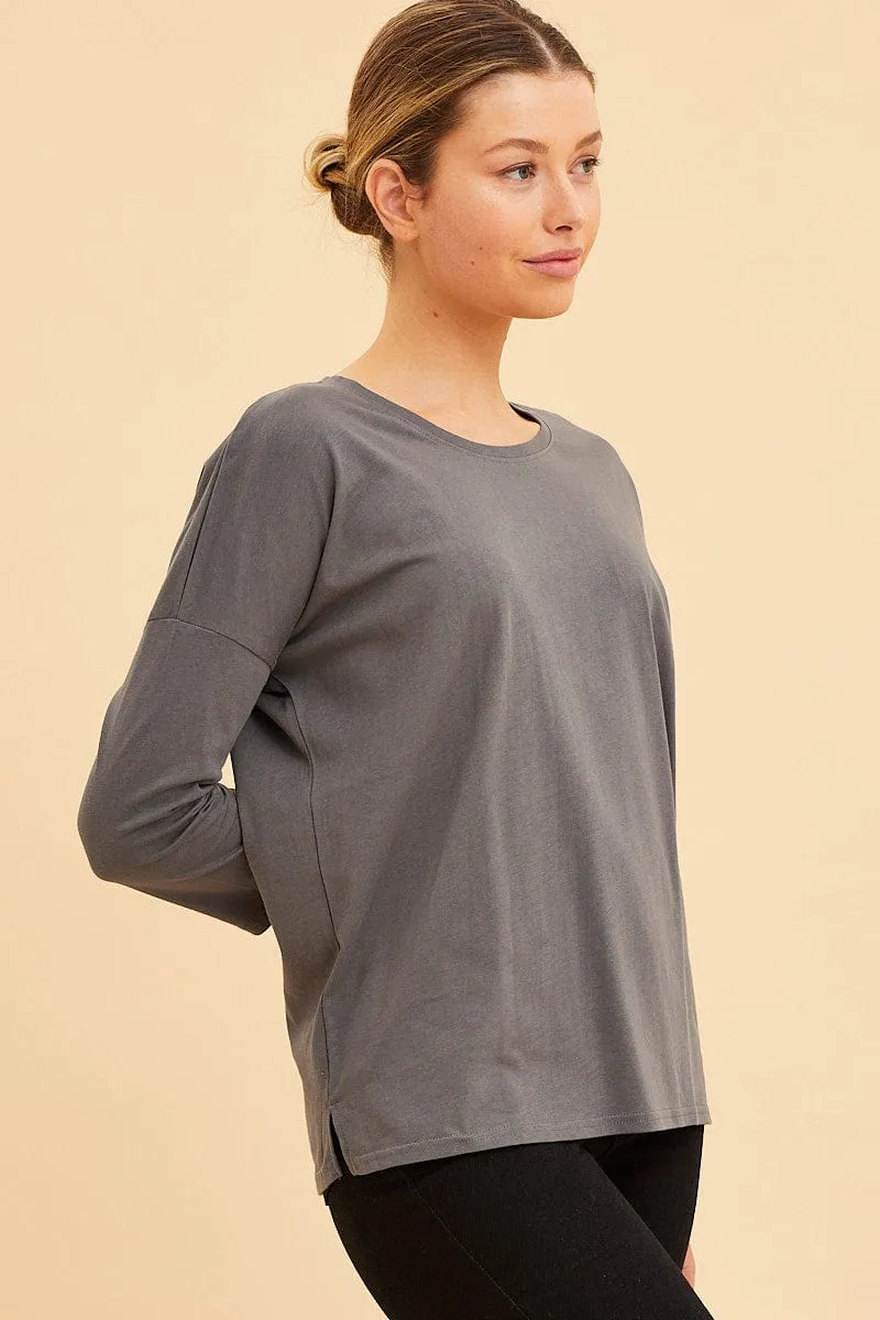 Grey Cotton Top 3/4 Sleeve Drop Shoulder Relaxed Fit sold by Ally Fashion product image thumbnail 4