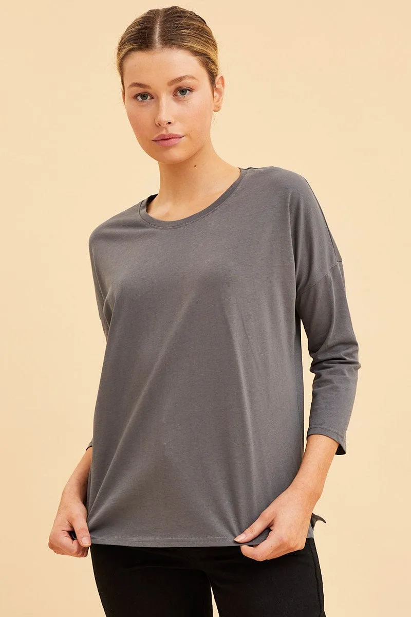Grey Cotton Top 3/4 Sleeve Drop Shoulder Relaxed Fit sold by Ally Fashion product image thumbnail 3
